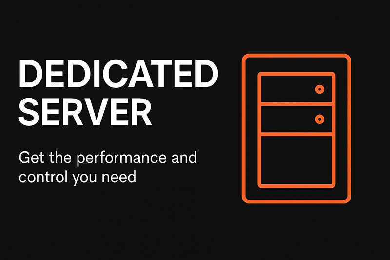 Dedicated server banner with orange server tower on black background