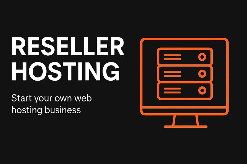 Reseller hosting banner with servers and monitor in orange and black design
