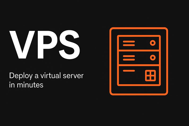 VPS hosting banner with orange virtual server icon on black background